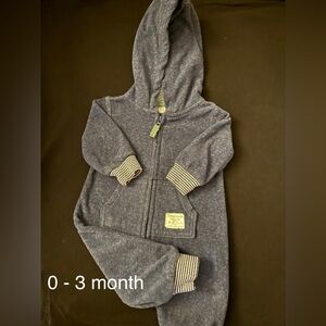 Gray Hooded Baby Jumpsuit with Striped Cuffs